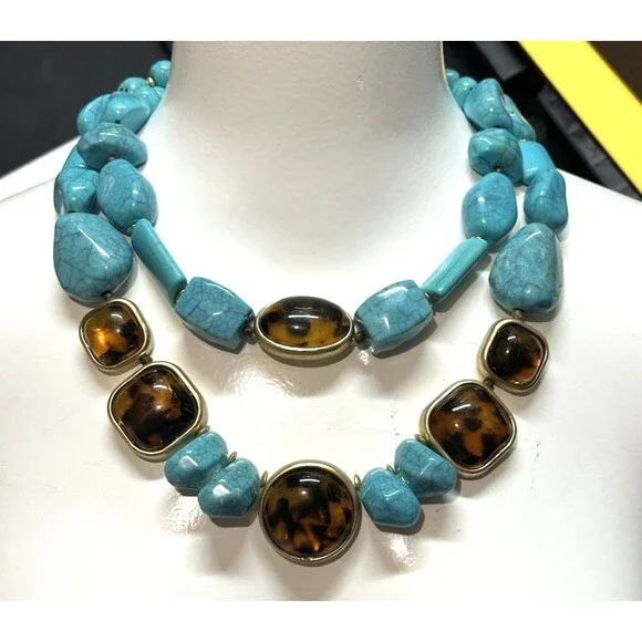 chicos necklace Southwestern Boho chic Turquoise faux Tiger’s Eye Chunky Beads - Picture 1 of 16